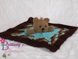 Baby Blue Boy Teddy Bear Lovey Security Blanket Brown Crochet Cuddle