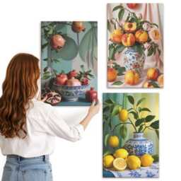 3 Piece Canvas Set - Pomegranates, Peaches & Lemons in Vases, Orange Wall Art Canvas, Food Drinks Decor - thumbnail 3