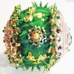 Handmade Beaded Christmas Ornament, Gold & Green Paisley, 3 Inch Egg - thumbnail 3