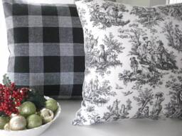Decorative Designer Pillow Covers Linen Black/Off White Plaid & Waverly Rustic Toile - thumbnail 1