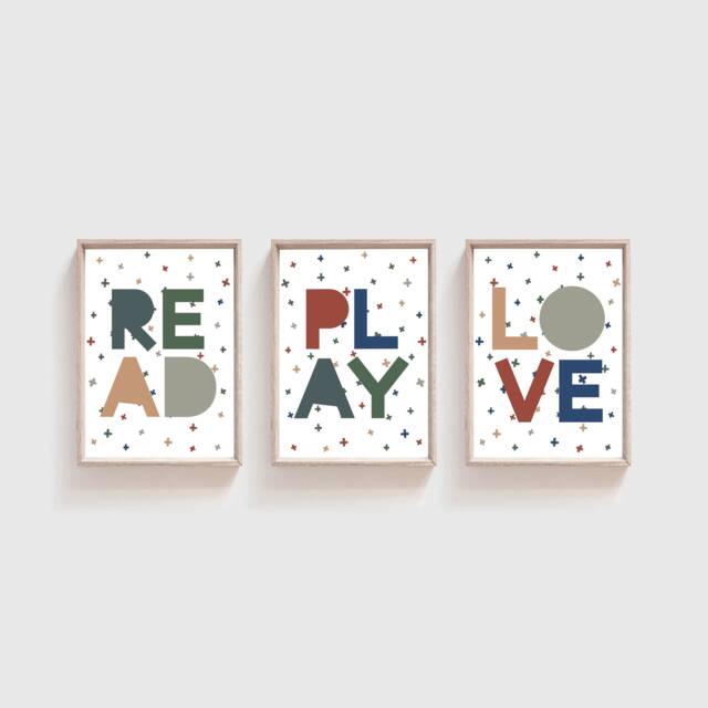 Set Of 3 Boys Nursery Prints, Read Play Love Print, Playroom Bedroom Blue Decor, Wall Art, Kids Room, Home - image 1