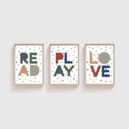 Set Of 3 Boys Nursery Prints, Read Play Love Print, Playroom Bedroom Blue Decor, Wall Art, Kids Room, Home - thumbnail 1