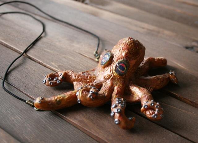 Sculpted Octopus Pendant With Black Cord - image 1