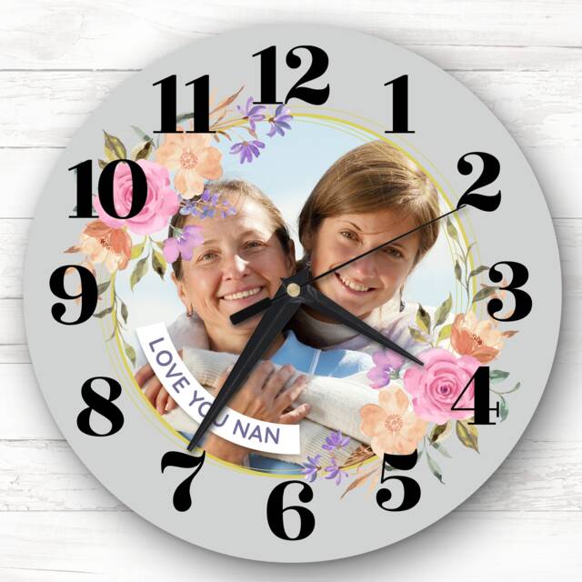 Grey Nan Pink Flower Wreath Photo Personalised Gift Clock - image 1