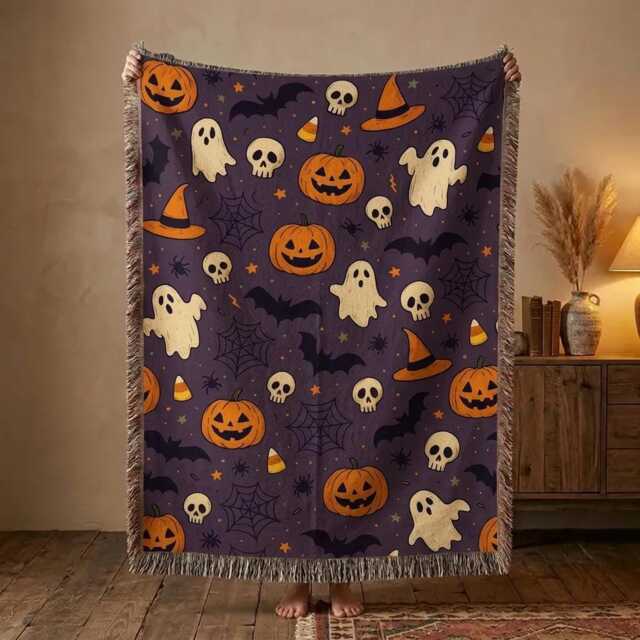 Halloween Woven Blanket, Spooky Ghost Pumpkin Throw Cute Decor, Fall Couch Gift For Her - image 1