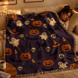 Halloween Woven Blanket, Spooky Ghost Pumpkin Throw Cute Decor, Fall Couch Gift For Her - thumbnail 3