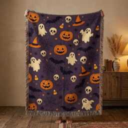 Halloween Woven Blanket, Spooky Ghost Pumpkin Throw Cute Decor, Fall Couch Gift For Her - thumbnail 1