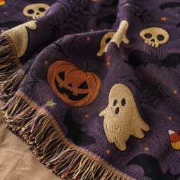 Halloween Woven Blanket, Spooky Ghost Pumpkin Throw Cute Decor, Fall Couch Gift For Her - thumbnail 2