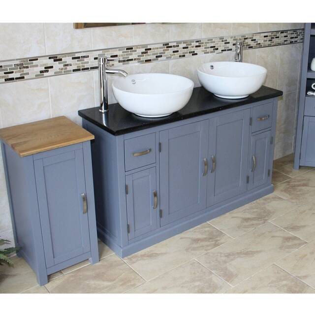 Grey Painted Bathroom Vanity Unit Cabinet Twin Ceramic Bowl Basin Tap Set 402Gbqcbcx2 - image 1