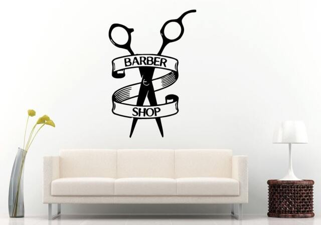 Barber Shop Ribbon Around Scissors Tool Logo Sign Emblem Window Wall Decal Vinyl Sticker Mural Room Decor L1297 - image 1