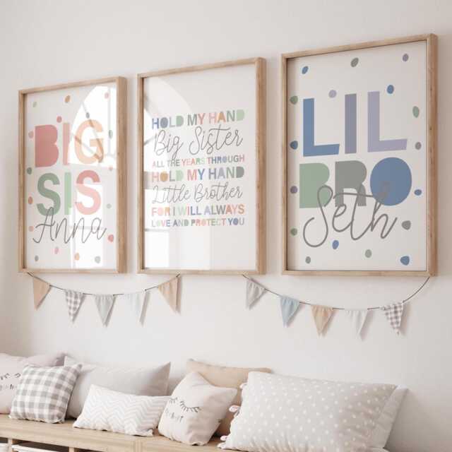 Set Of 3 Personalised Brother Sister Prints, Wall Art, Playroom Shared Bedroom, Kids Room, Rainbow, Muted Colours - image 1