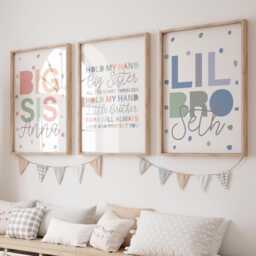 Set Of 3 Personalised Brother Sister Prints, Wall Art, Playroom Shared Bedroom, Kids Room, Rainbow, Muted Colours - thumbnail 1