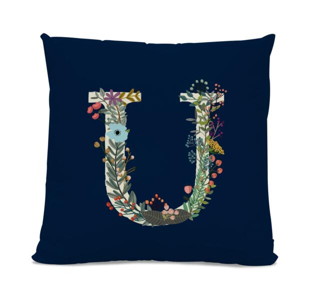 Initial Pillow - Floral Letter With U Monogrammed Custom Throw Flower Monogram