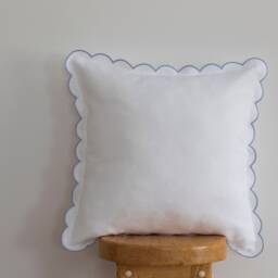 White Linen Scalloped Edge Pillow Cover With Pale Blue Detailing - 16x16'' Size - thumbnail 2