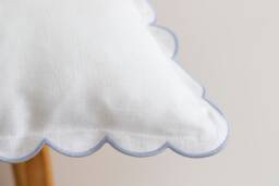 White Linen Scalloped Edge Pillow Cover With Pale Blue Detailing - 16x16'' Size - thumbnail 1