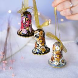 Ukrainian Christmas Bell Ornament, Hand-Painted Wooden Tree Decoration, Pink & Purple Flower Ornament Personalized - thumbnail 4