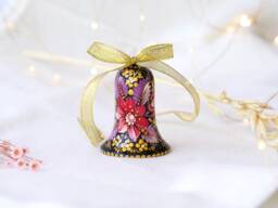 Ukrainian Christmas Bell Ornament, Hand-Painted Wooden Tree Decoration, Pink & Purple Flower Ornament Personalized - thumbnail 1