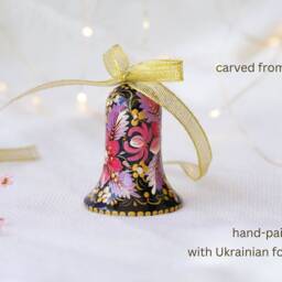 Ukrainian Christmas Bell Ornament, Hand-Painted Wooden Tree Decoration, Pink & Purple Flower Ornament Personalized - thumbnail 3