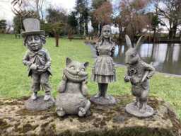 Set Of 4 Resin Alice in Wonderland Figure Ornaments - Alice, Mad Hatter, White Rabbit & Cheshire Cat