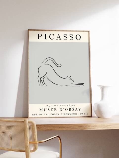 Picasso Line Art Exhibition Poster, Grey Cat Animal Art, Print, Gift, Wall Decor - image 1