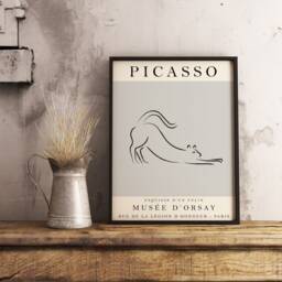 Picasso Line Art Exhibition Poster, Grey Cat Animal Art, Print, Gift, Wall Decor - thumbnail 2