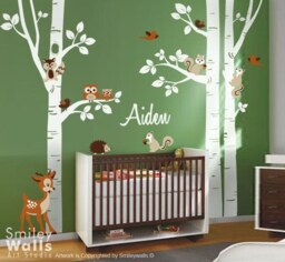 Birch Trees Wall Decal Forest Animals Owls Squirrels Bambi Nursery Baby Room Art Decor