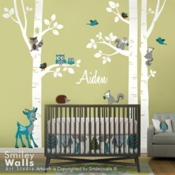 Birch Trees Wall Decal Forest Animals Owls Squirrels Bambi Nursery Baby Room Art Decor - thumbnail 2