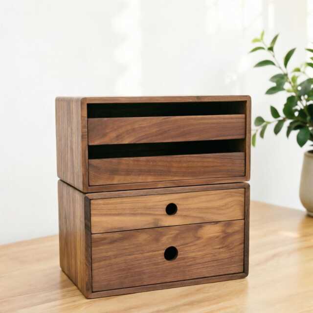 Engraved Walnut Drawer Storage Box 2-Layer Solid Wood Cabinet - image 1