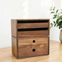 Engraved Walnut Drawer Storage Box 2-Layer Solid Wood Cabinet - thumbnail 1