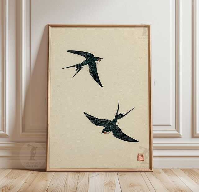 Japanese Swallow Bird Poster - Minimalist Teal Nature Illustration Woodblock Style Art Print - image 1