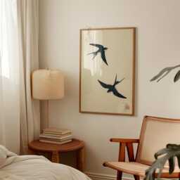 Japanese Swallow Bird Poster - Minimalist Teal Nature Illustration Woodblock Style Art Print - thumbnail 3