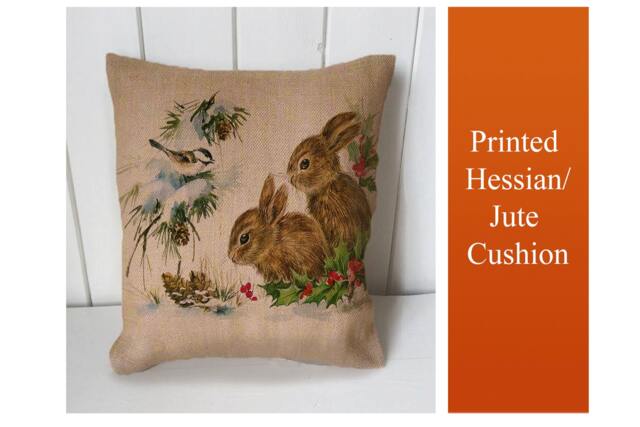 Bunny Baby Rabbits Vintage - Cushion Fabric Panel Or Case Or With Filling Rustic Natural Jute Burlap Hessian