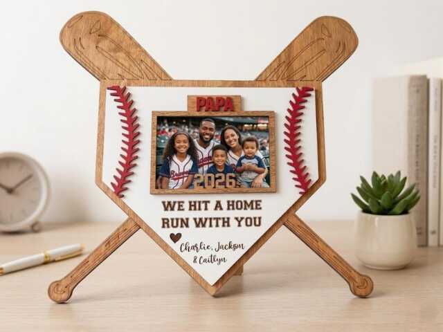 Personalized Baseball Home Plate Photo Frame With Bats, Custom We Hit A Run With You Papa Gift, Father's Day Wooden Wall Decor - image 1