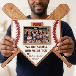 Personalized Baseball Home Plate Photo Frame With Bats, Custom We Hit A Run With You Papa Gift, Father's Day Wooden Wall Decor - thumbnail 3
