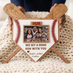 Personalized Baseball Home Plate Photo Frame With Bats, Custom We Hit A Run With You Papa Gift, Father's Day Wooden Wall Decor - thumbnail 2