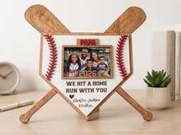 Personalized Baseball Home Plate Photo Frame With Bats, Custom We Hit A Run With You Papa Gift, Father's Day Wooden Wall Decor - thumbnail 1