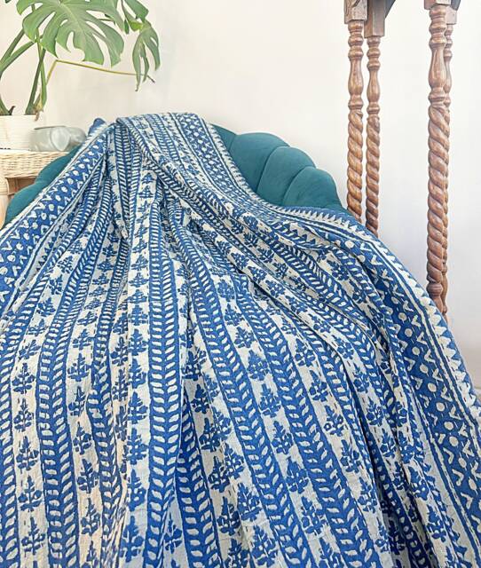 Kantha Stitch Pure Cotton Reversible Bed/Sofa Throw King Size Handmade Dohar - White Indigo Blue Geometric Climber Stripe Shrub Motif - image 1