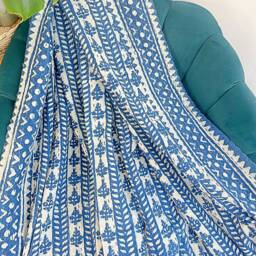 Kantha Stitch Pure Cotton Reversible Bed/Sofa Throw King Size Handmade Dohar - White Indigo Blue Geometric Climber Stripe Shrub Motif - thumbnail 4