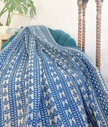 Kantha Stitch Pure Cotton Reversible Bed/Sofa Throw King Size Handmade Dohar - White Indigo Blue Geometric Climber Stripe Shrub Motif