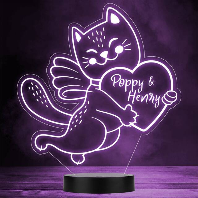 Cute Cat Holding Valentine's Day Personalised Gift Colour Changing Night Light - image 1