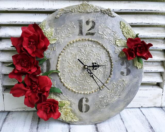Wood Wall Clock Chic, Red Roses Rustic, Leather Clock, Floral Wall Vintage, Personalized 12 - image 1