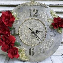 Wood Wall Clock Chic, Red Roses Rustic, Leather Clock, Floral Wall Vintage, Personalized 12 - thumbnail 3