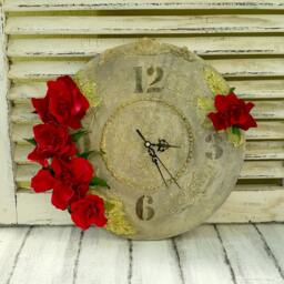 Wood Wall Clock Chic, Red Roses Rustic, Leather Clock, Floral Wall Vintage, Personalized 12 - thumbnail 2