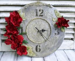 Wood Wall Clock Chic, Red Roses Rustic, Leather Clock, Floral Wall Vintage, Personalized 12 - thumbnail 1