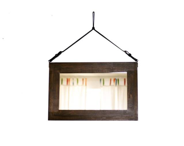 "Wood Frame Mirror For Hallway, Large Wall On Leather Strap, Modern Solid Wood Wall, Brown Bathroom ""Winnipeg" - image 1