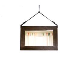"Wood Frame Mirror For Hallway, Large Wall On Leather Strap, Modern Solid Wood Wall, Brown Bathroom ""Winnipeg" - thumbnail 1