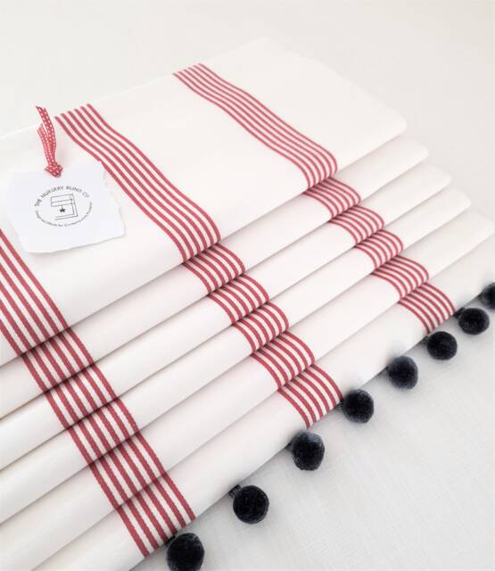 Red Stripe Blackout Roman Blind With Blue Pom Trim - image 1