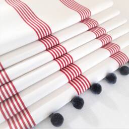 Red Stripe Blackout Roman Blind With Blue Pom Trim - thumbnail 2