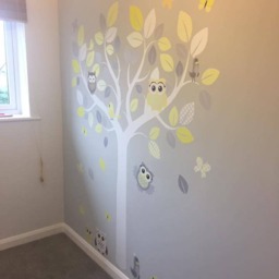 Tree Owls Birds Wall Sticker Grey Lemon Yellow Unisex Nursery Decal Art Graphic Mural Cute - thumbnail 3