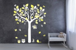 Tree Owls Birds Wall Sticker Grey Lemon Yellow Unisex Nursery Decal Art Graphic Mural Cute